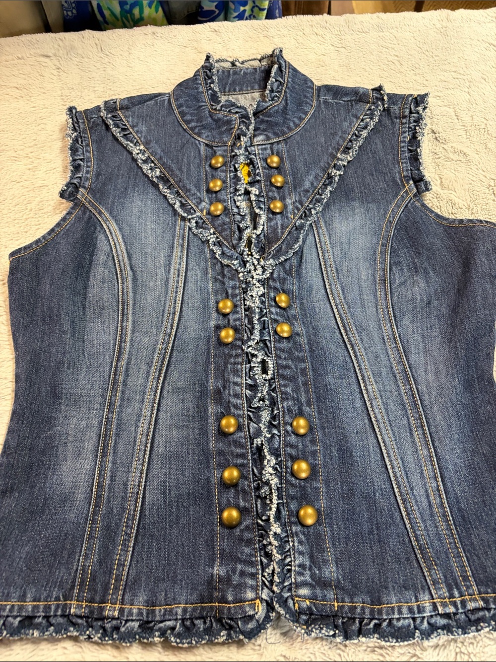 Women's Sleeveless Denim Vest with Brass Button Detail - Blue